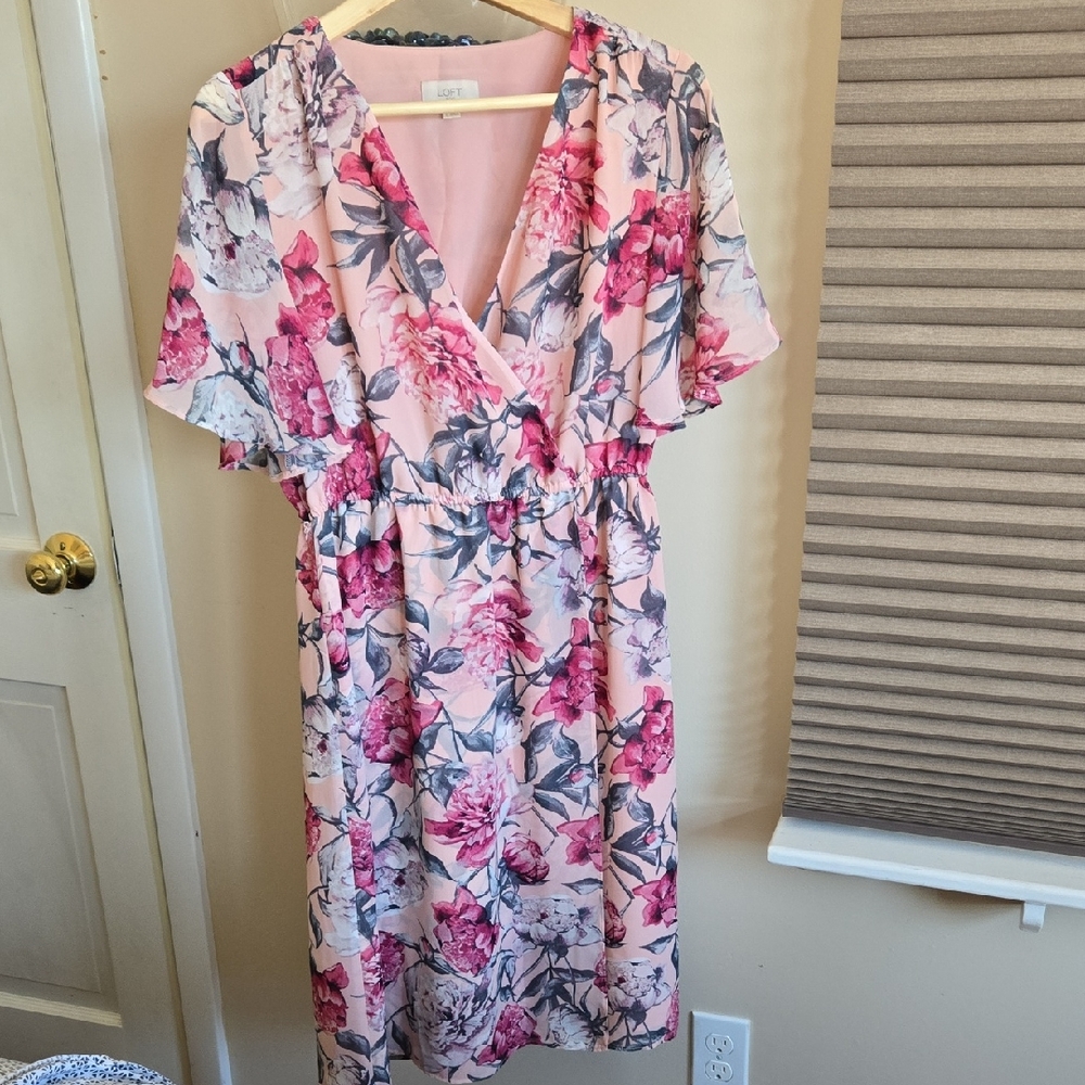 LOFT Floral Flutter Sleeve Wrap Dress in Pink